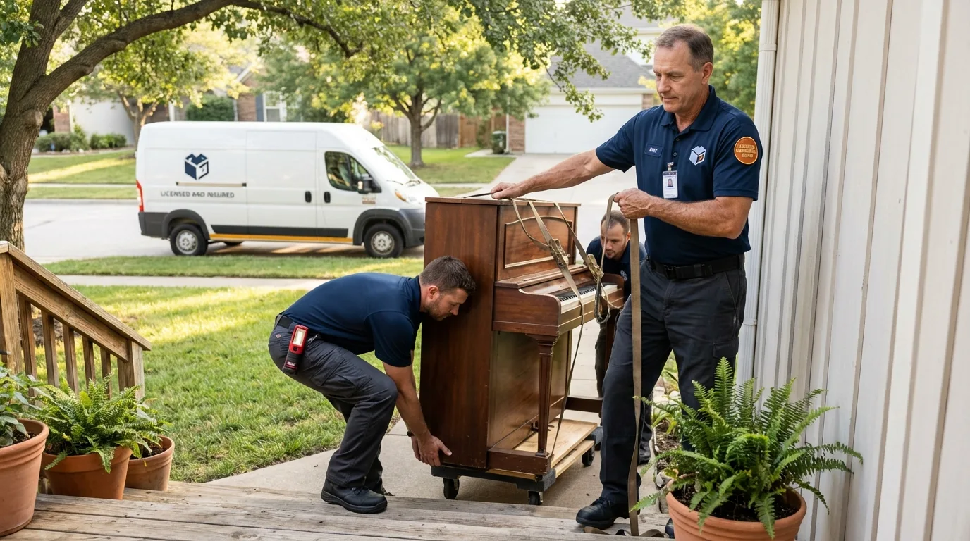 Licensed piano movers securing grand piano in Damariscotta, ME