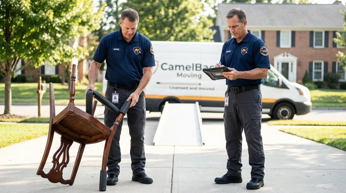 Movers inspecting furniture for damage prevention before loading in Damariscotta, ME