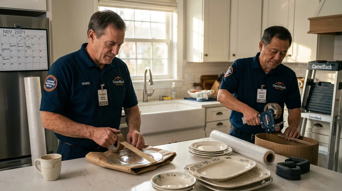 Professional crew packing kitchen dishware in Damariscotta, ME